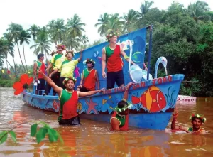 A boat with locals of Goa celebrating Sao Joao festival