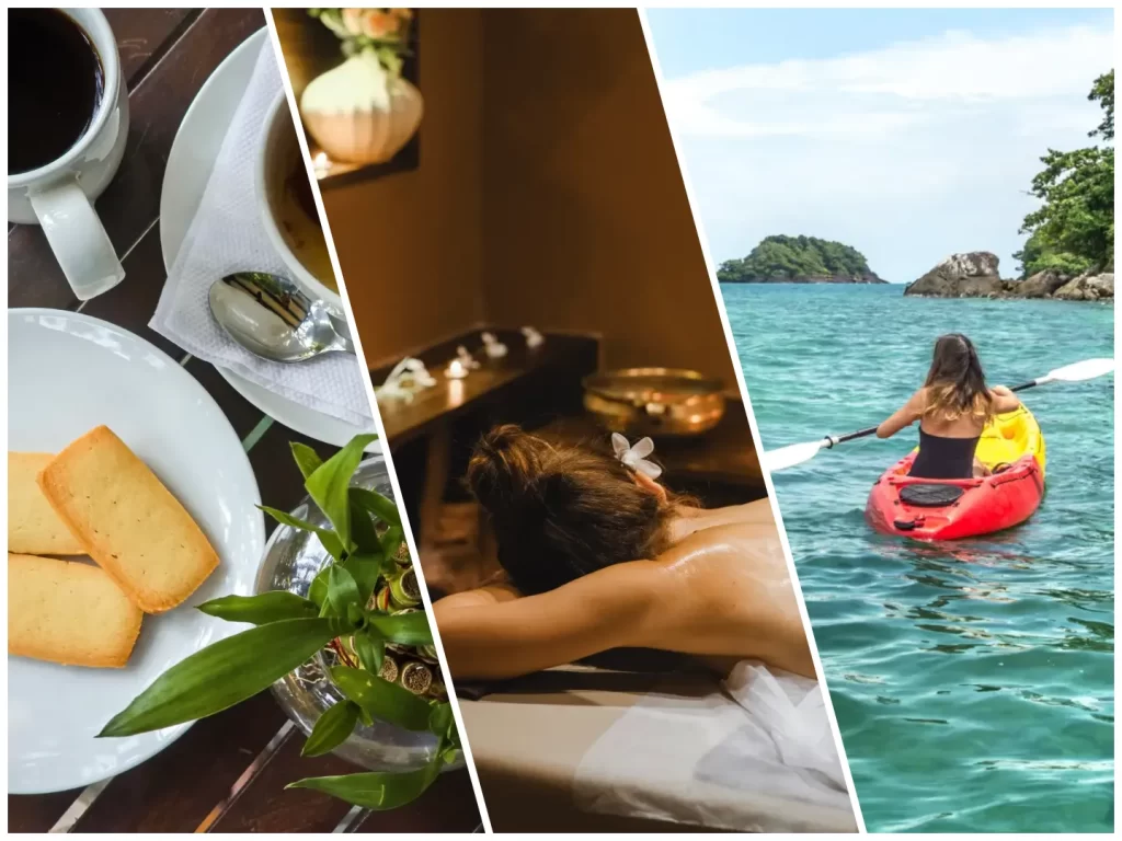 Collage of dining, spa, kayaking facilities offered at riva beach resort in mandrem north goa